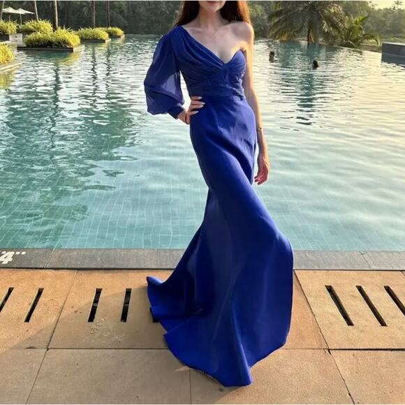 Elle Zeitoune Blue One Shoulder Structured Gown LARGE Formal Slit Designer $410 - Picture 10 of 12